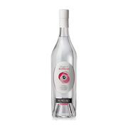 Organic Rovero Nativa Grappa di Barbera in a clear glass bottle with white cap, featuring circular label with red rose design and Italian branding against white background